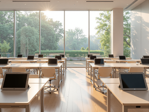 公司办公环境，现代化培训教室，明亮自然光，专业教育设备，整齐排列的座椅